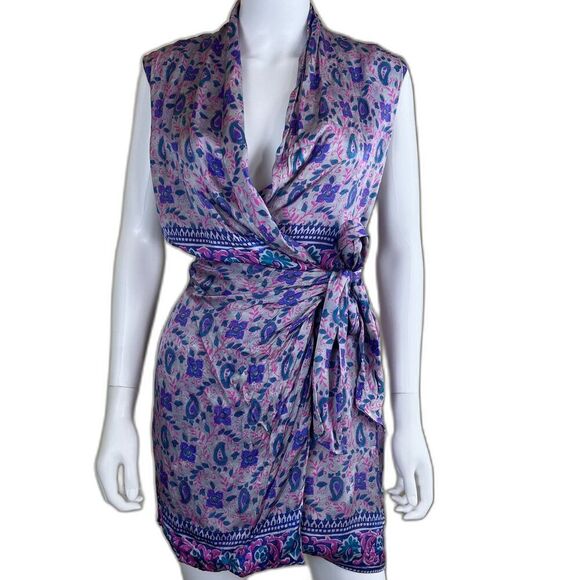 Zara Womens Size S Pasiley Floral Satin Wrap Mini Dress Boho Party Preppy Resort - Picture 1 of 16